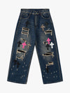 Distressed Cross Patchwork Washed Baggy Jeans 