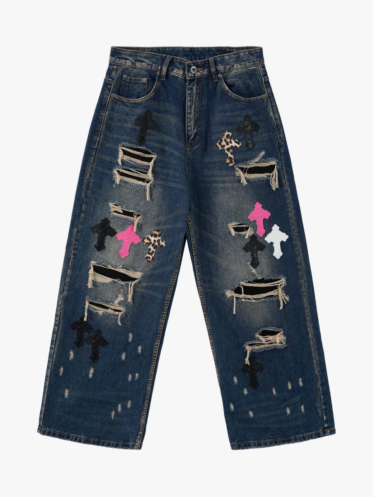 Distressed Cross Patchwork Washed Baggy Jeans 