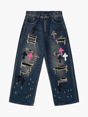 Distressed Cross Patchwork Washed Baggy Jeans 