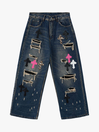 Distressed Cross Patchwork Washed Baggy Jeans 