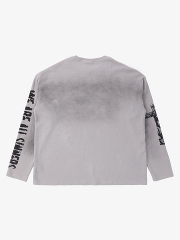 Waffle-Knit Distressed Gradient Print Long T-Shirt