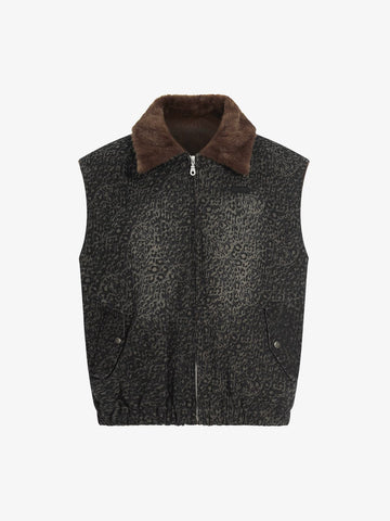 Vintage Leopard Print Fleece Zip Up Vest 