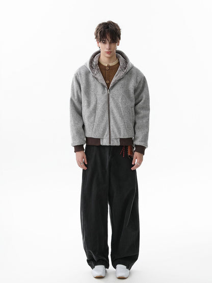 Retro Reversible Fleece Lined Zip-up Hooded Jacket 