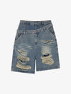 Double Waistband Ripped Denim Shorts