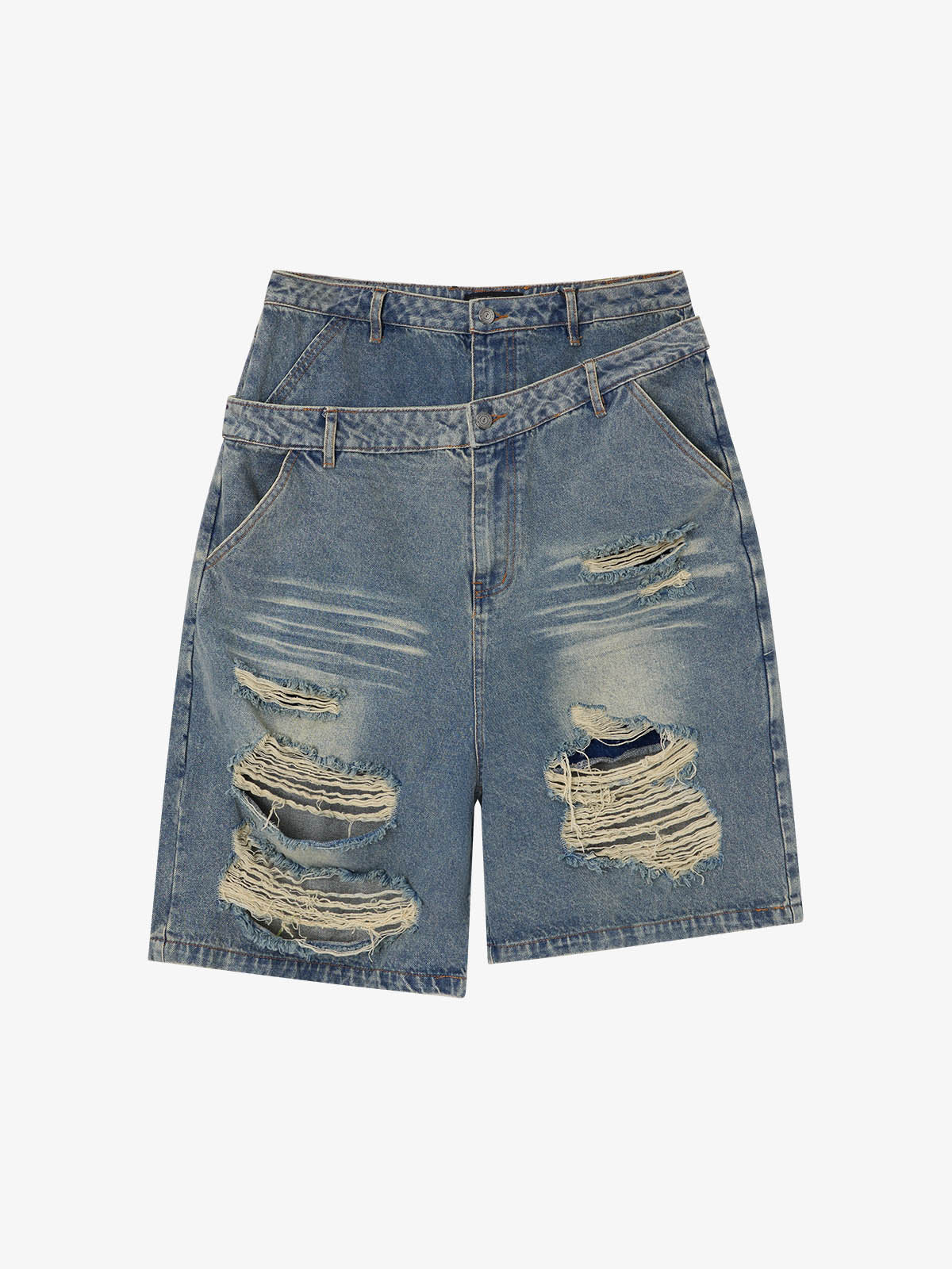 Double Waistband Ripped Denim Shorts