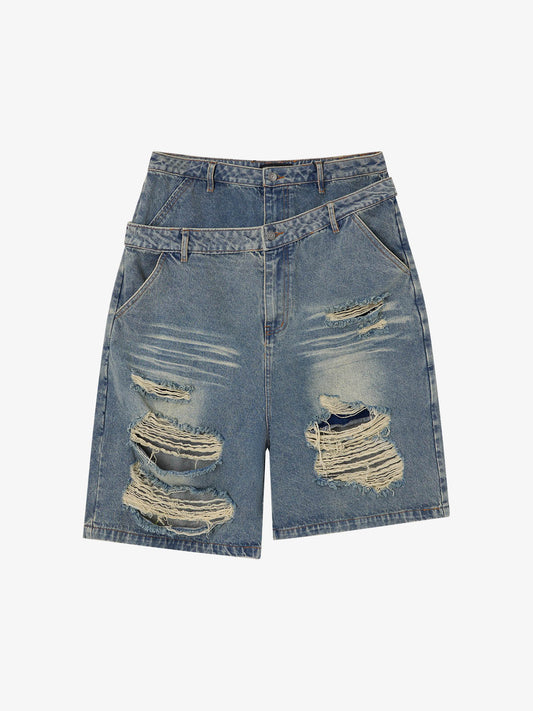 Double Waistband Ripped Denim Shorts