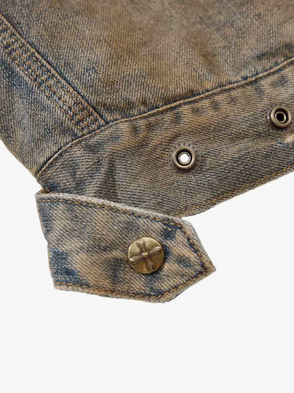 Vintage Washed Distressed Denim Zip Up Jacket 