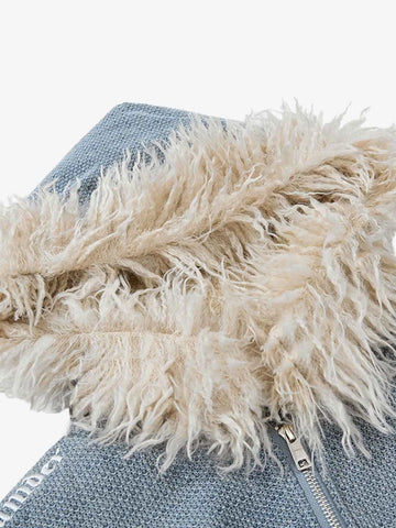 Washed Embroidered Fur-Lined Denim Bomber Jacket 