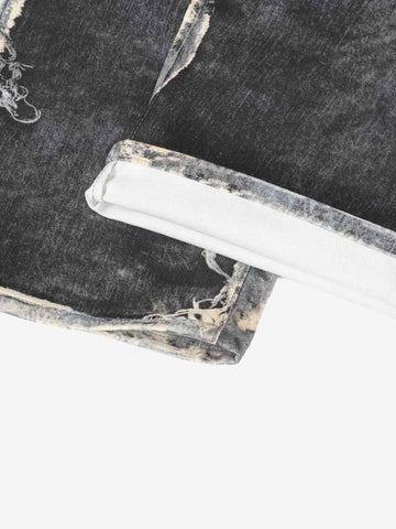 Distressed Patchwork Wide Leg Washed Denim Jeans 