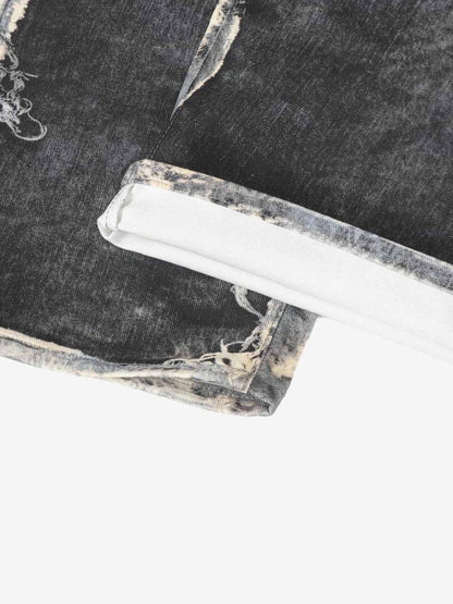 Distressed Patchwork Wide Leg Washed Denim Jeans 