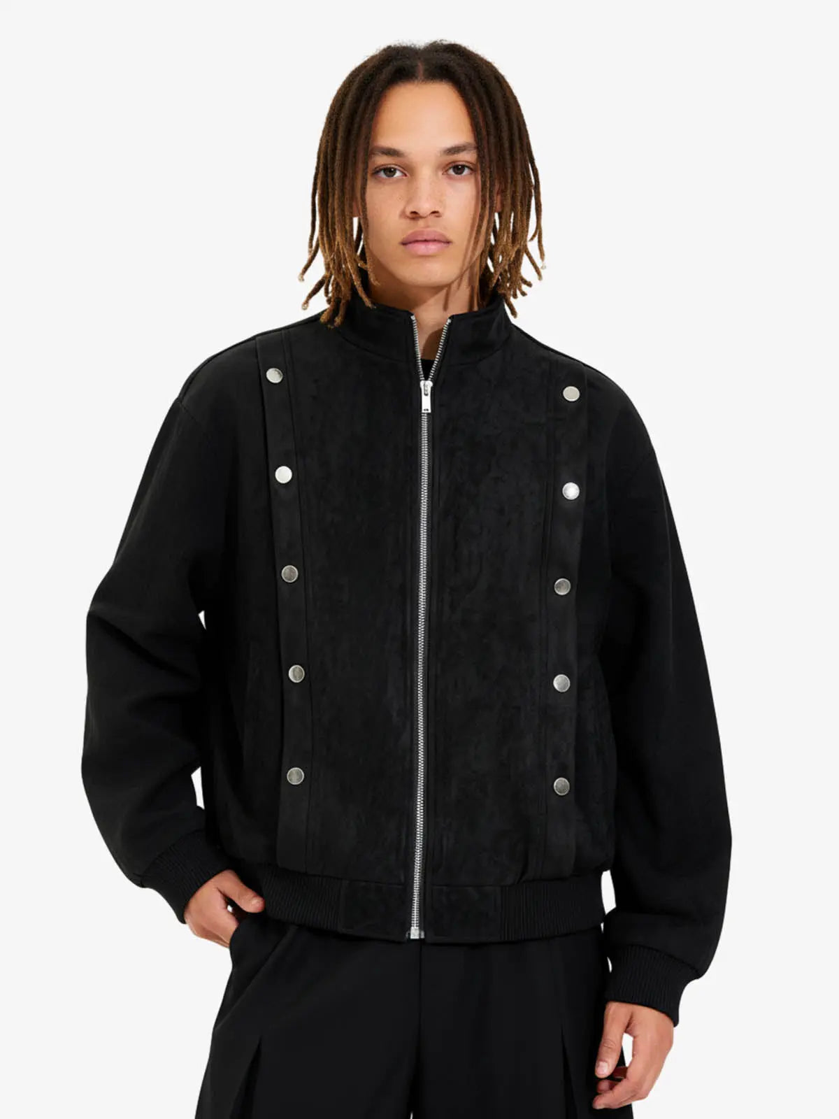 Vintage Stand Collar Metal Button-Structured Bomber Jacket 