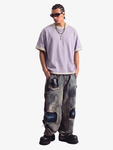 "OK" Patch Color-Block Ripped Reversible T-Shirt