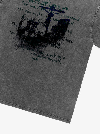 Washed Cross Overlay Text Graphic T-Shirt 