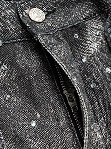 Denim Distressed Belt Diamond Decorated Jeans 