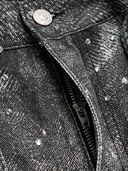 Denim Distressed Belt Diamond Decorated Jeans 