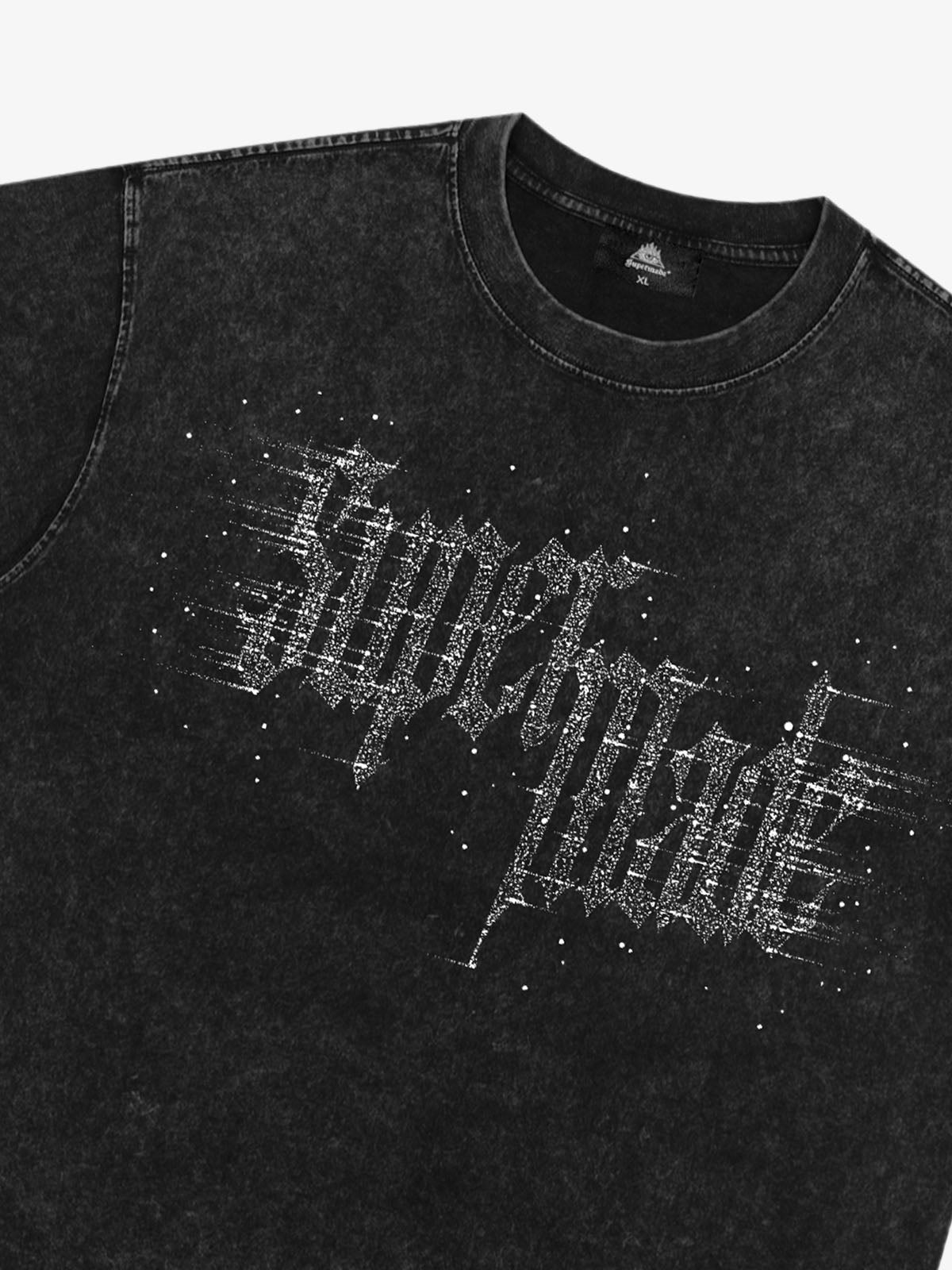 Washed Gothic Letter Imitation Diamond T-Shirt 