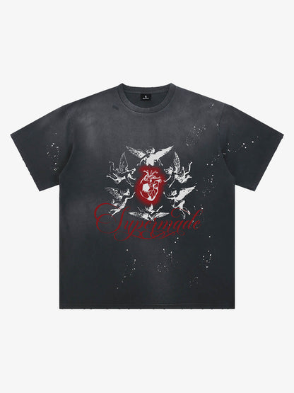 Distressed T-shirt With Ink Splatter Pattern Protecting The Heart Of Football 