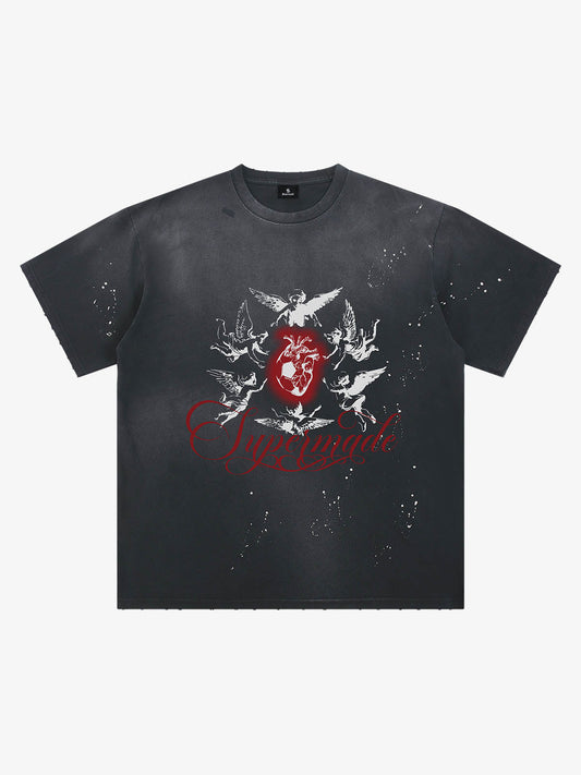 Distressed T-shirt With Ink Splatter Pattern Protecting The Heart Of Football 