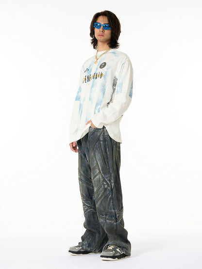 Vintage Washed Distressed Multi-Structure Patchwork Jeans 