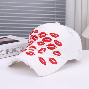 Red Lip Embroidery Distressed Baseball Cap 