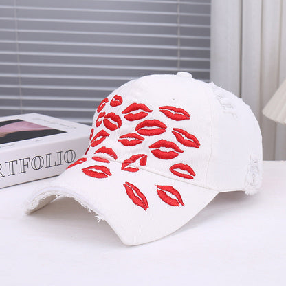 Red Lip Embroidery Distressed Baseball Cap 