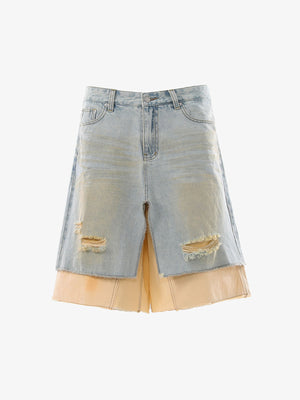 Faux Two-Piece Ripped Denim Shorts