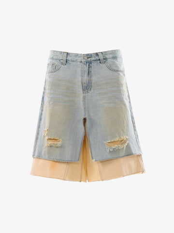 Faux Two-Piece Ripped Denim Shorts