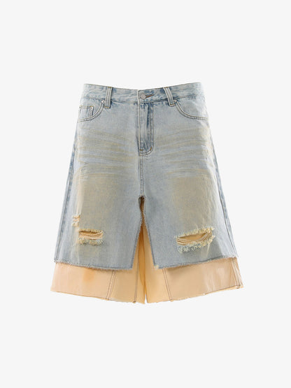 Faux Two-Piece Ripped Denim Shorts