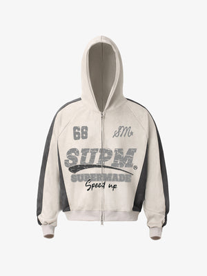 Suede Foam Letter Patchwork Zipper Shorts Jacket 