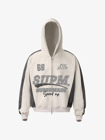 Suede Foam Letter Patchwork Zipper Shorts Jacket 