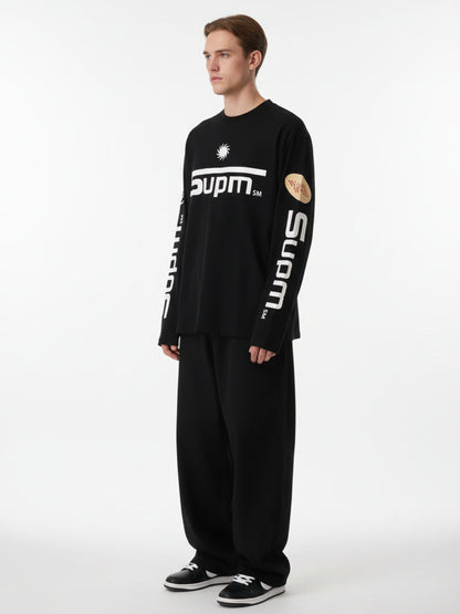 Textured Waffle SUPM Letter Graphic Long Sleeve T-Shirt - 2600 