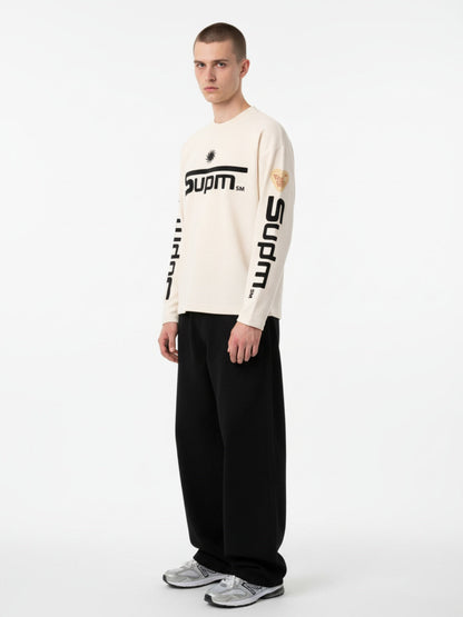 Textured Waffle SUPM Letter Graphic Long Sleeve T-Shirt - 2600 
