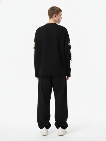 Textured Waffle SUPM Letter Graphic Long Sleeve T-Shirt - 2600 