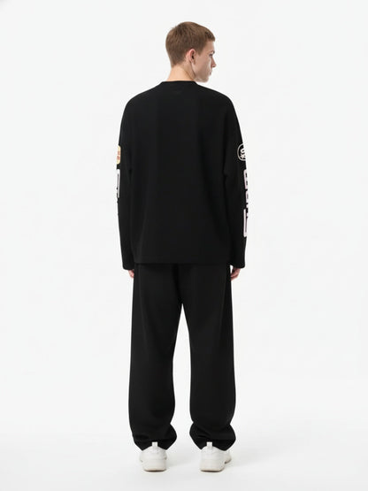 Textured Waffle SUPM Letter Graphic Long Sleeve T-Shirt - 2600 