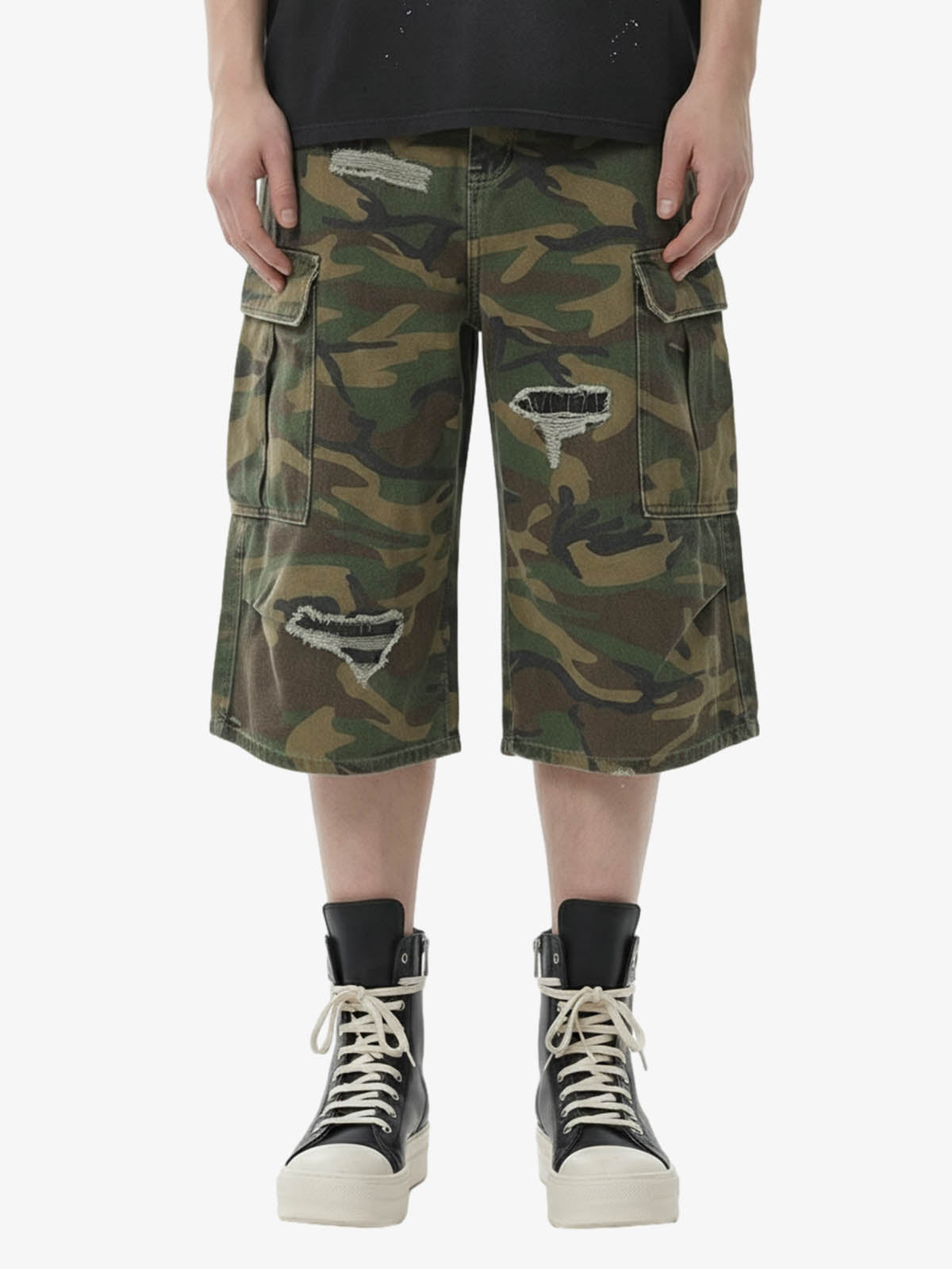Retro Ripped Camouflage Cropped Shorts- 2387 