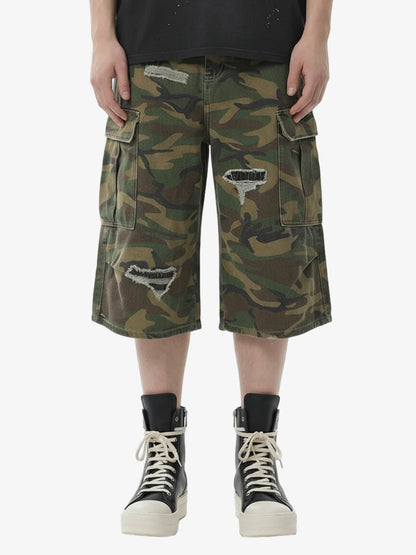 Retro Ripped Camouflage Cropped Shorts- 2387 