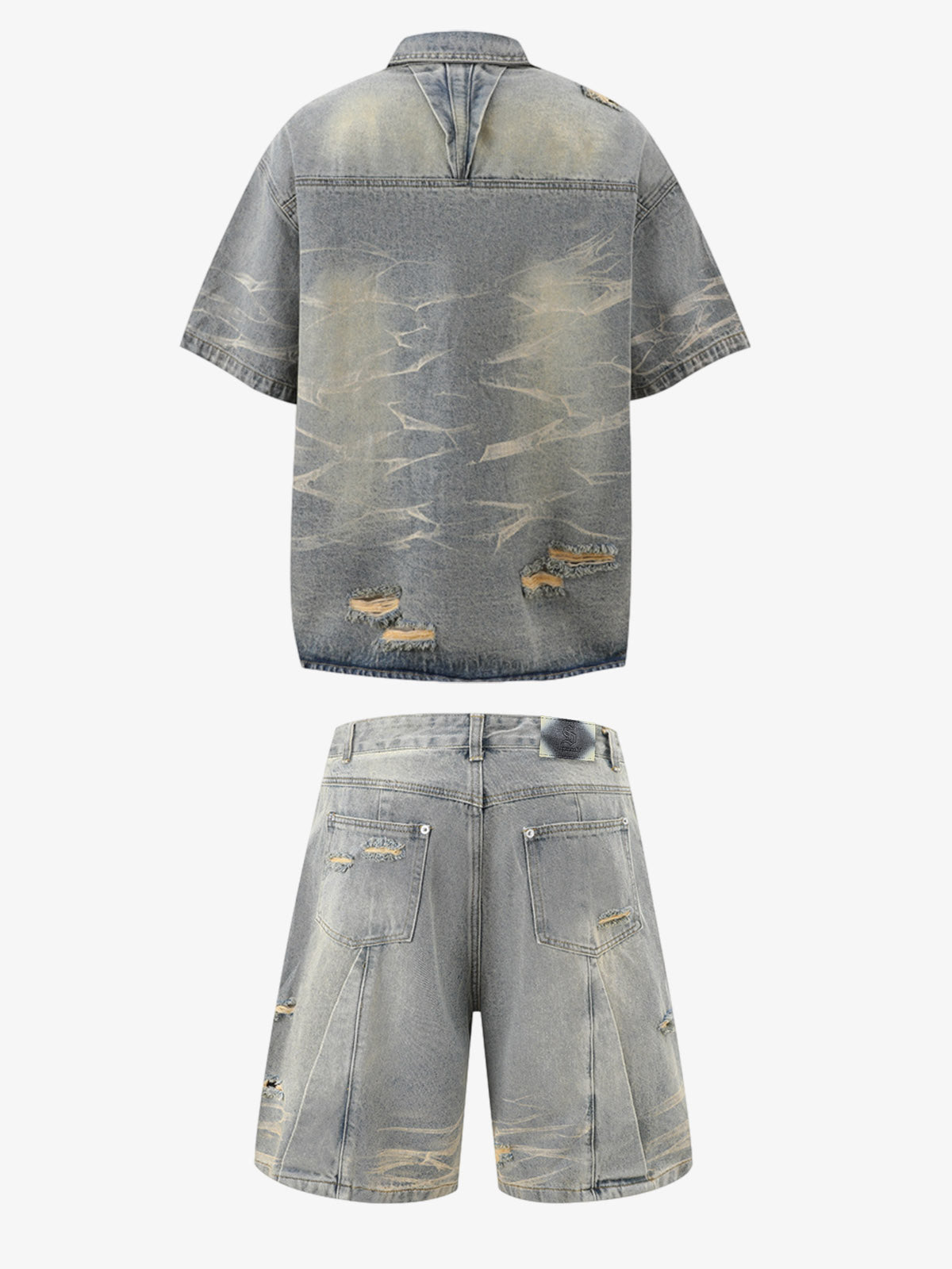 Washed Black Branch Print Deconstructed Denim Set 