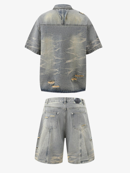 Washed Black Branch Print Deconstructed Denim Set 
