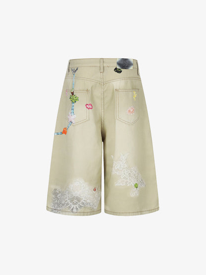 Flower Patch Distressed Denim Shorts 