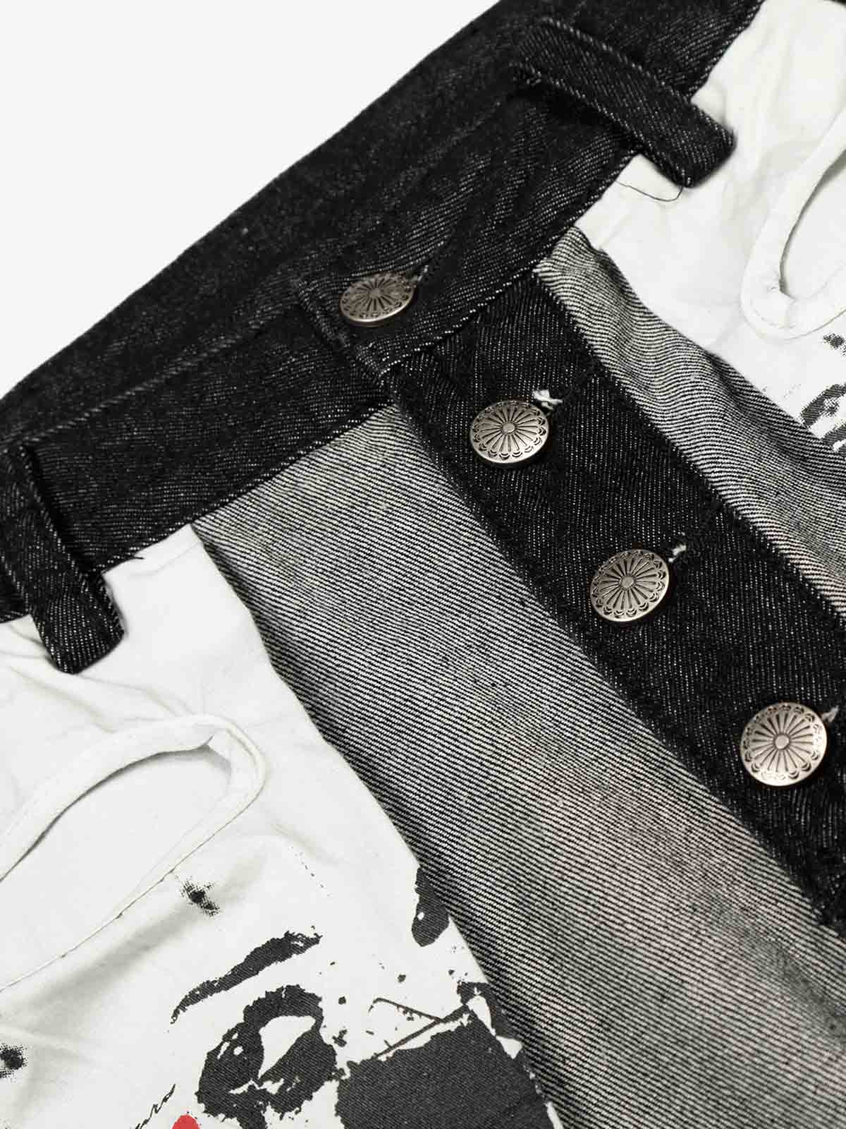 Distressed Reverse Design Large Pocket Printed Jeans - 2568 