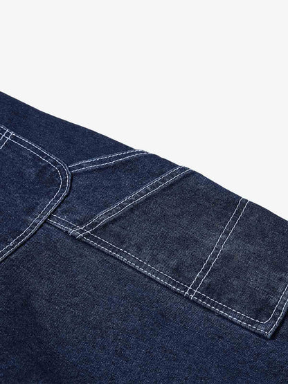 Vintage Contrast Stitch Raw Indigo Denim Wide-Leg Overalls 