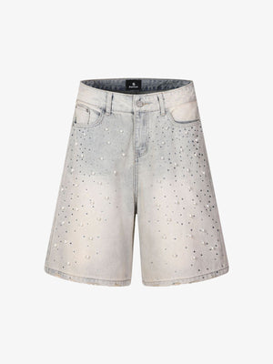 Pearl Embellished Light Wash Denim Shorts