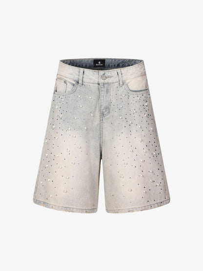 Pearl Embellished Light Wash Denim Shorts