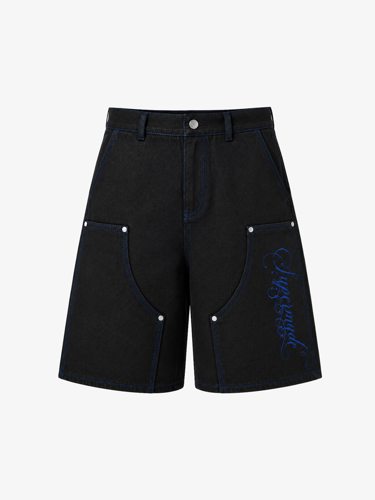 Black Utility Denim Shorts with Blue Embroidery