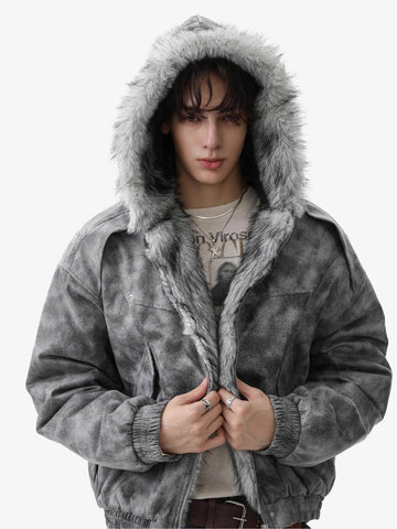 Faux Suede Vintage Wash Fur Hood Padded Jacket - 2553 