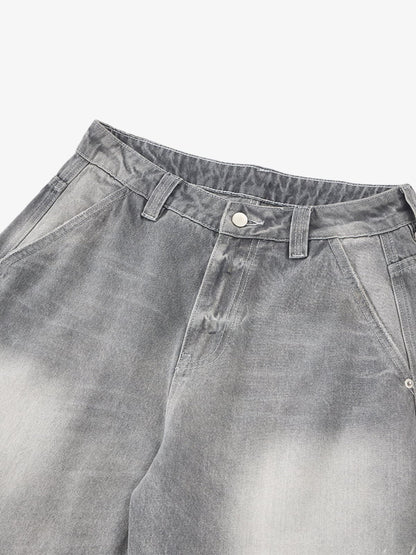 Retro Washed Distressed Curved Blade Wide-Leg Jeans 