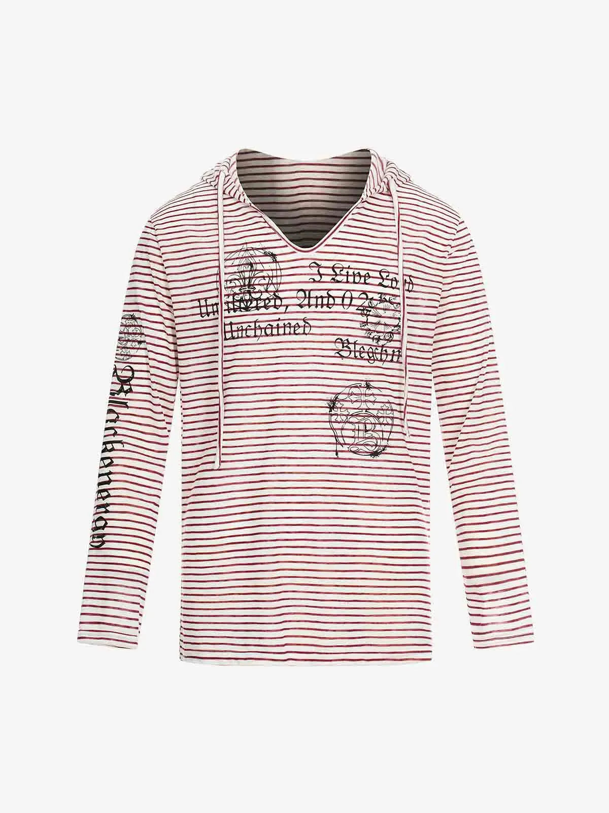 Graphic Print and V-Neck Striped Long Sleeve Hooded T-Shirt 