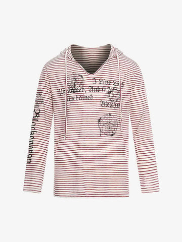 Graphic Print and V-Neck Striped Long Sleeve Hooded T-Shirt 