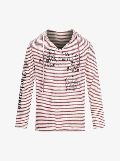 Graphic Print and V-Neck Striped Long Sleeve Hooded T-Shirt 