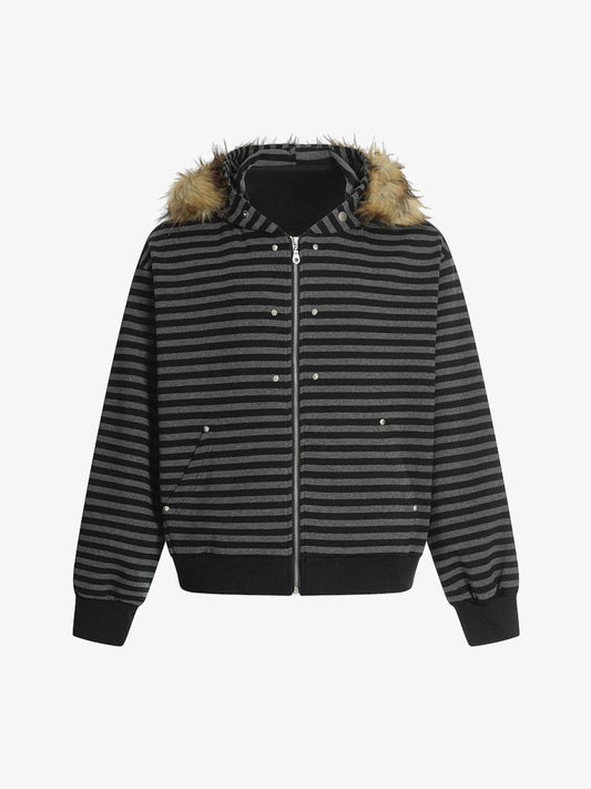 Detachable Fur Collar Striped Zip Up Hoodie 